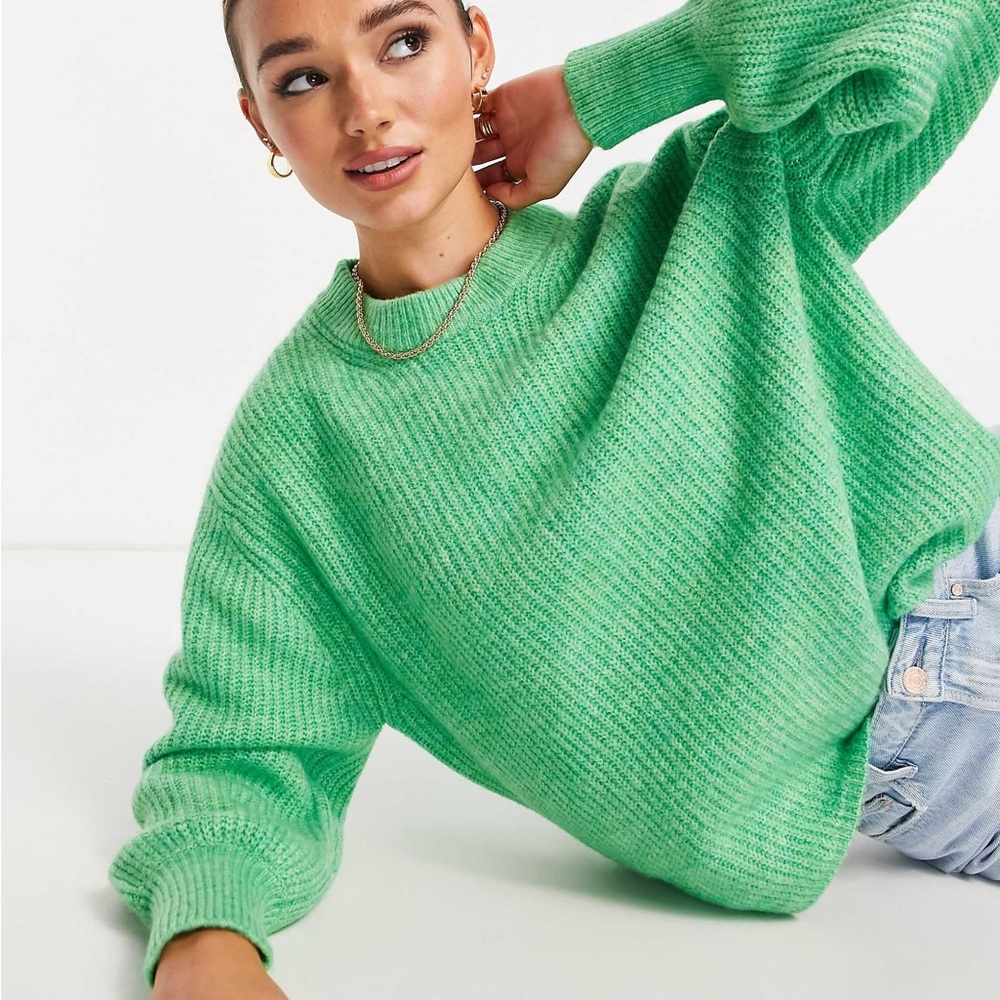 ASOS DESIGN crew neck sweater in rib with fluffy yarn in green 2 Like New